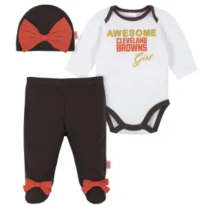 3-Piece Baby Girls Cleveland Browns Bodysuit, Footed Pant, and Cap Set