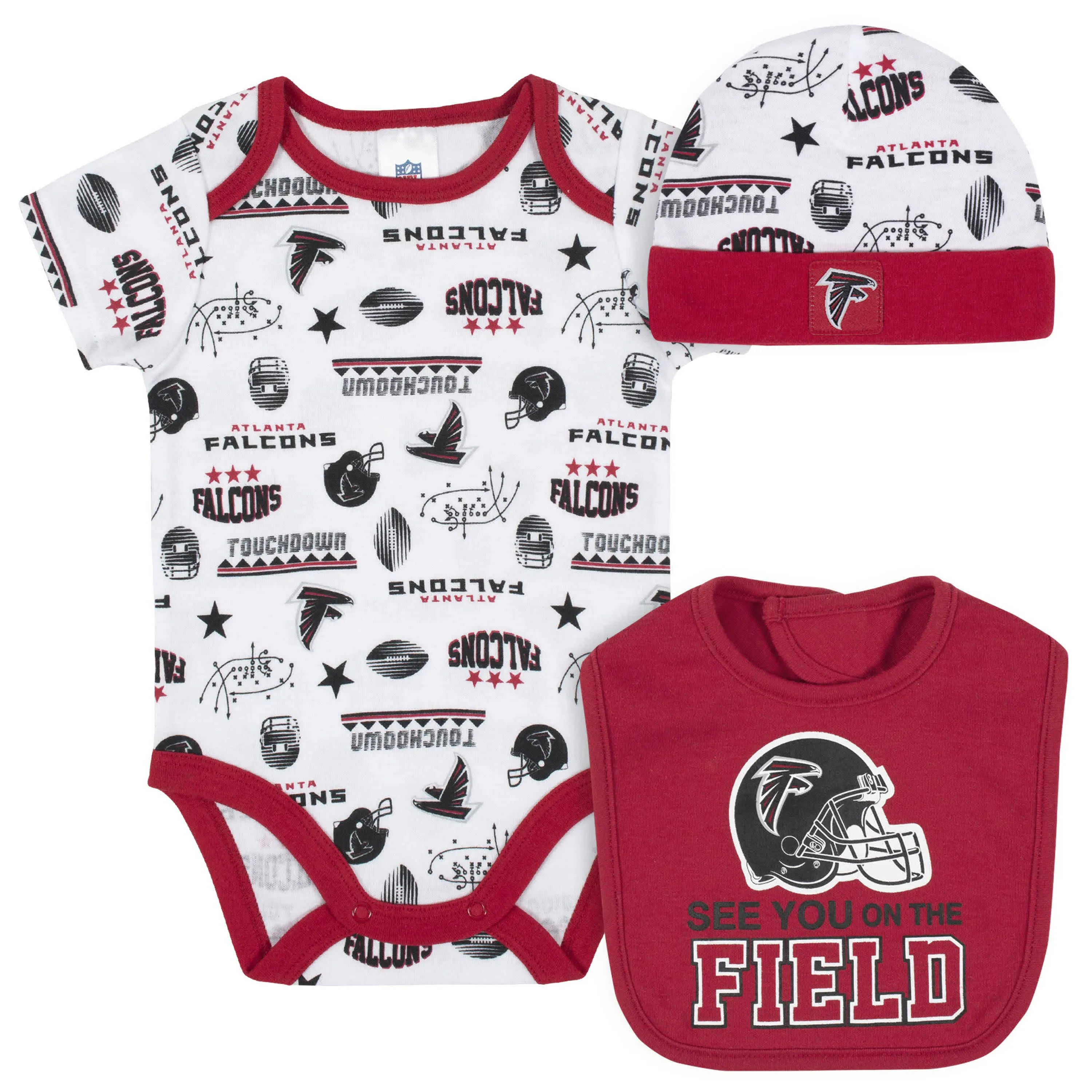 Atlanta Falcons 3-Piece Baby Boys Bodysuit, Bib, and Cap Set