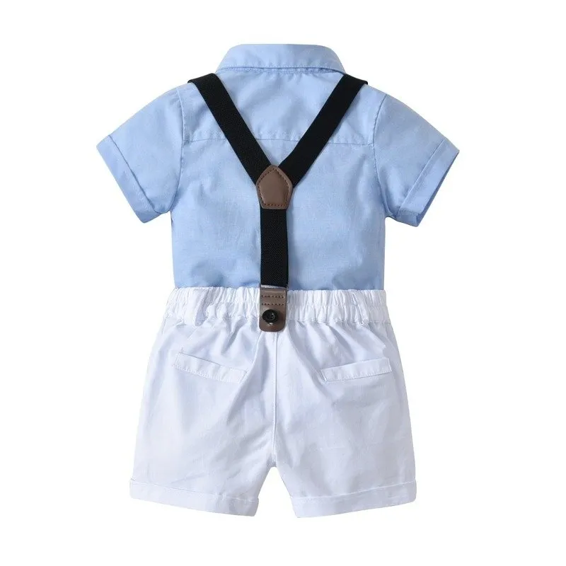 Baby Boy Party Outfit Bow Tie   Blue Dress Shirt and Suspender Shorts Set