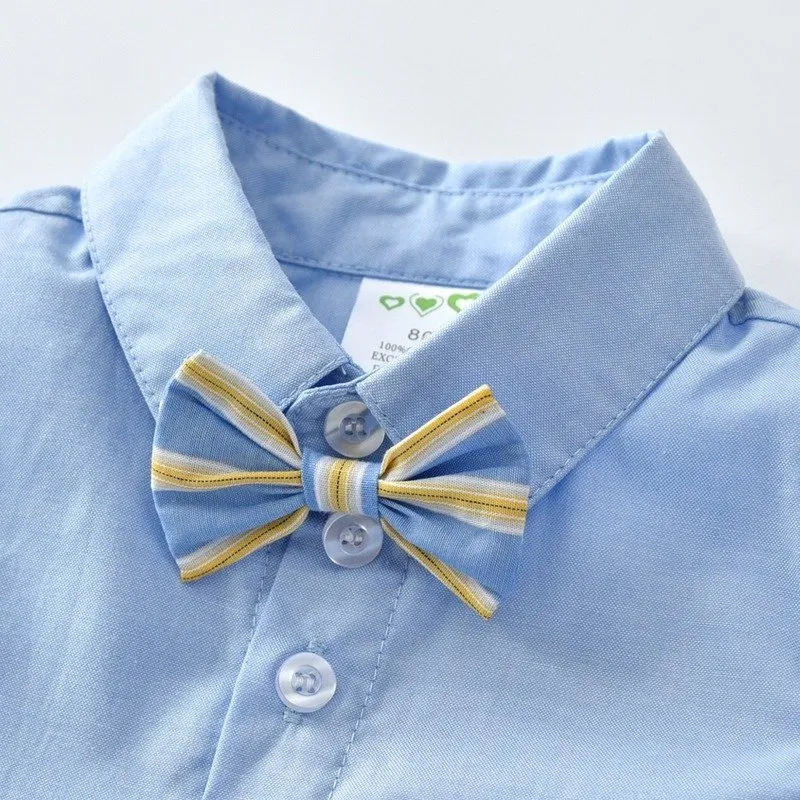 Baby Boy Party Outfit Bow Tie   Blue Dress Shirt and Suspender Shorts Set