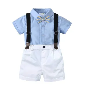 Baby Boy Party Outfit Bow Tie   Blue Dress Shirt and Suspender Shorts Set