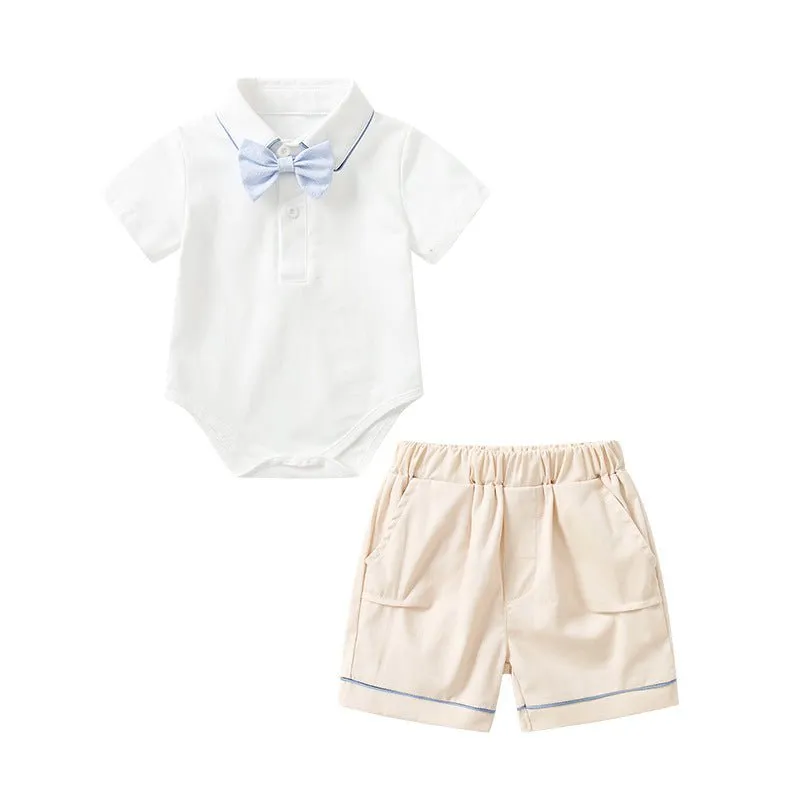 Baby Boy Polo Shirt Onesie and Shorts Set with Bow Tie