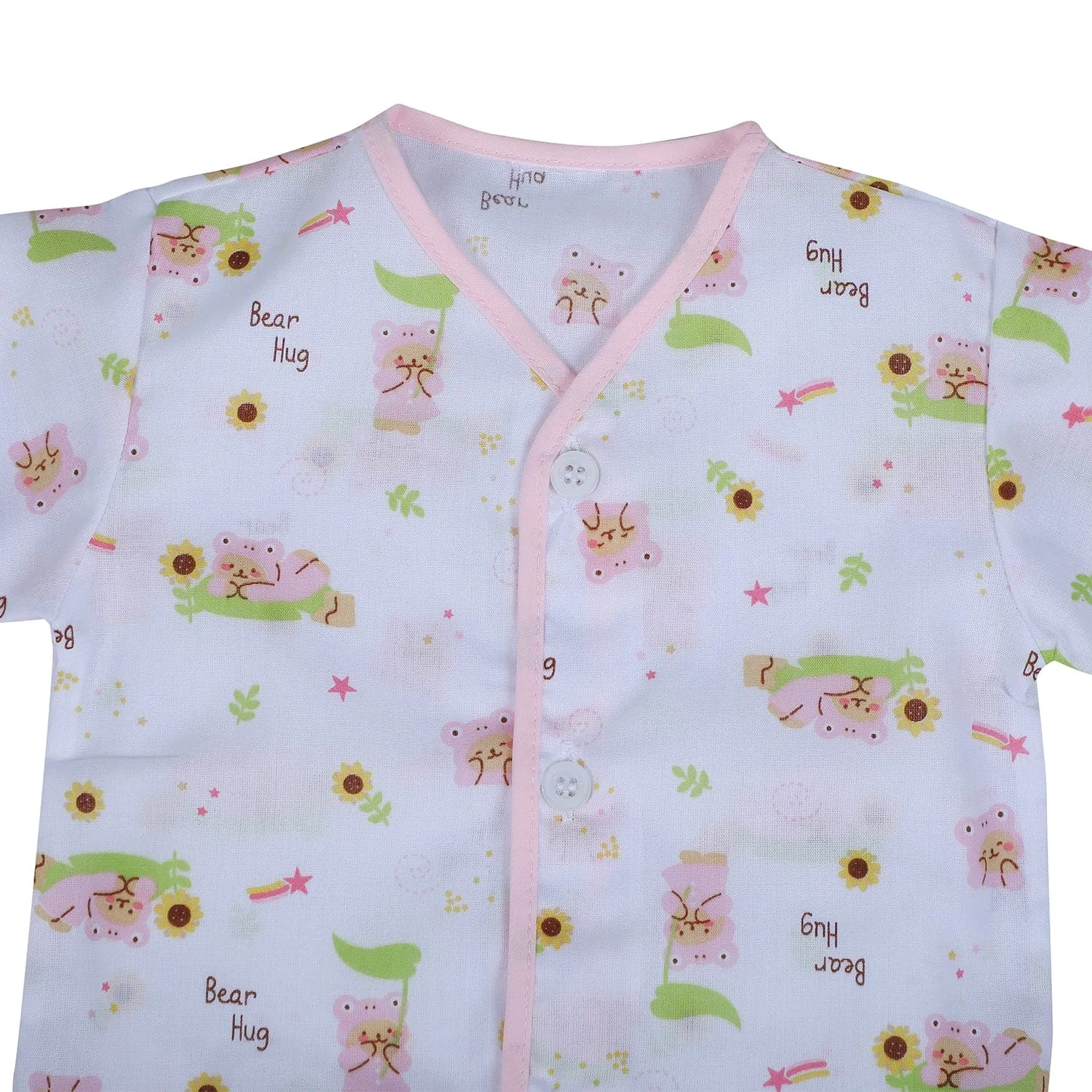 Baby Moo Bear Hug Half Sleeves Soft Cotton Jhabla And Shorts 2pcs Set - Pink