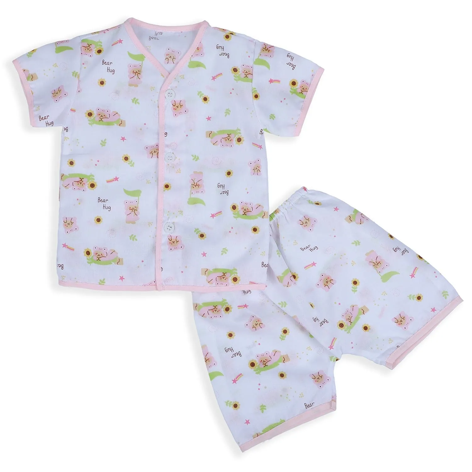 Baby Moo Bear Hug Half Sleeves Soft Cotton Jhabla And Shorts 2pcs Set - Pink