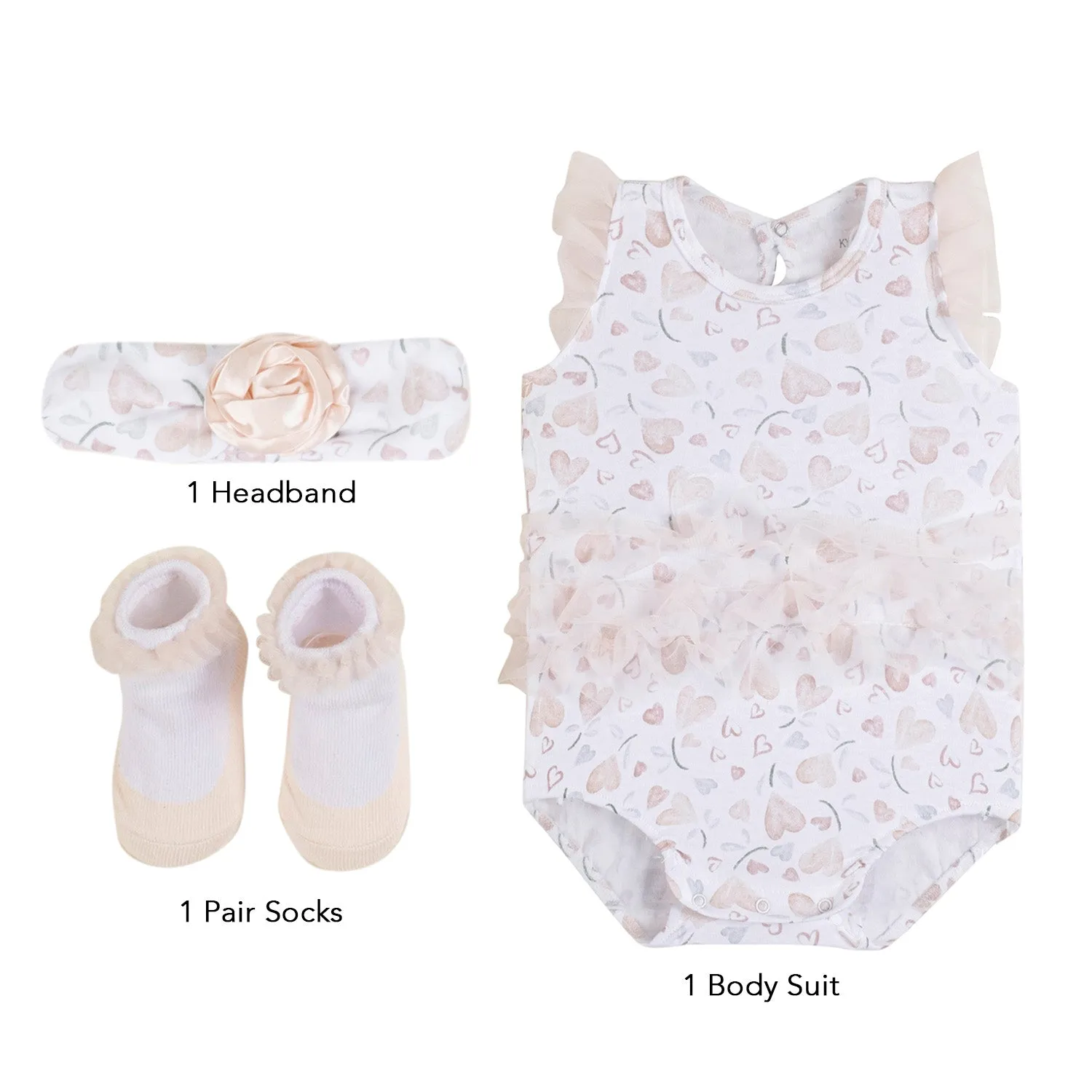 Baby Moo My Little Heart Gift Set 3 Piece With Bodysuit, Socks And Headband - Beige