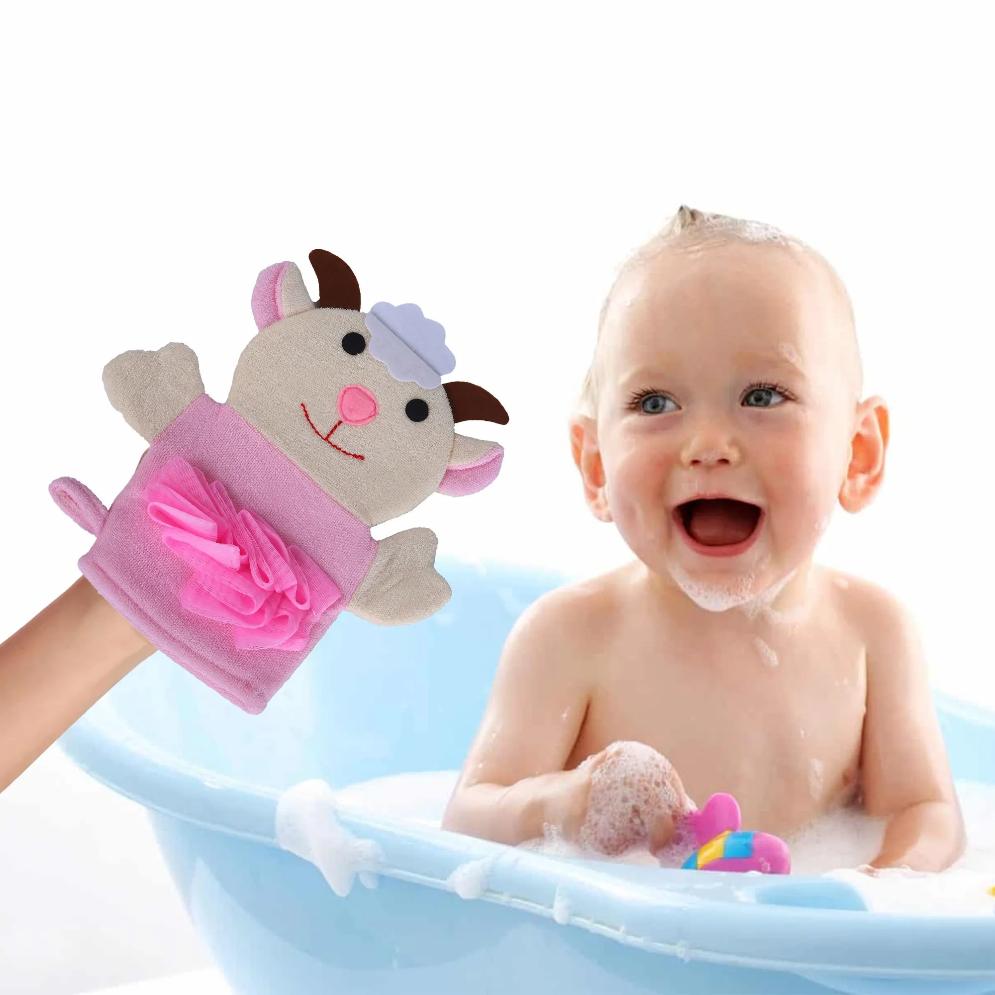 Baby Moo Sweet Cow Bath Time Fun Hand Puppet Loofah Bath Glove - Cream