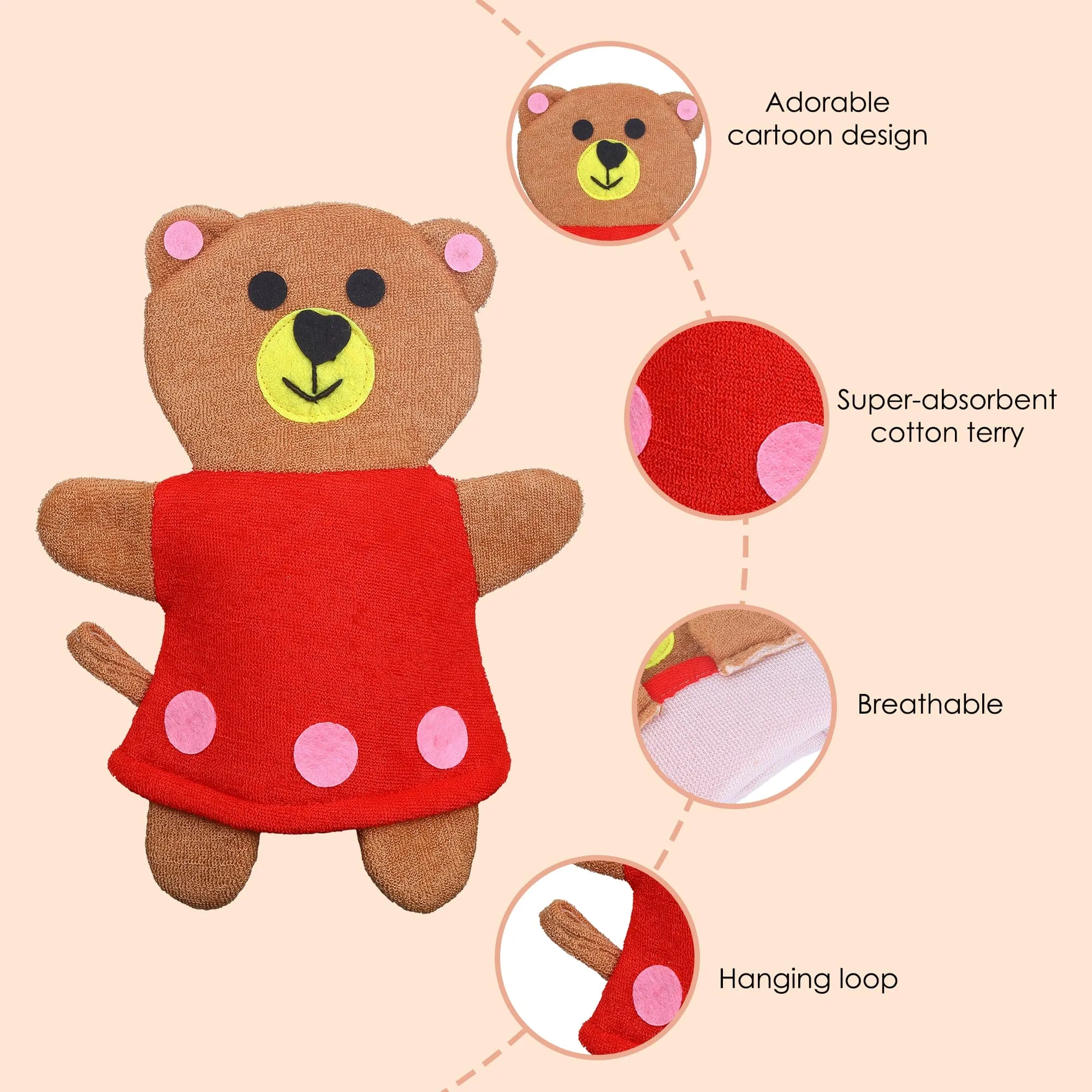 Baby Moo Teddy Bear Bath Time Fun Hand Puppet Loofah Bath Glove - Brown