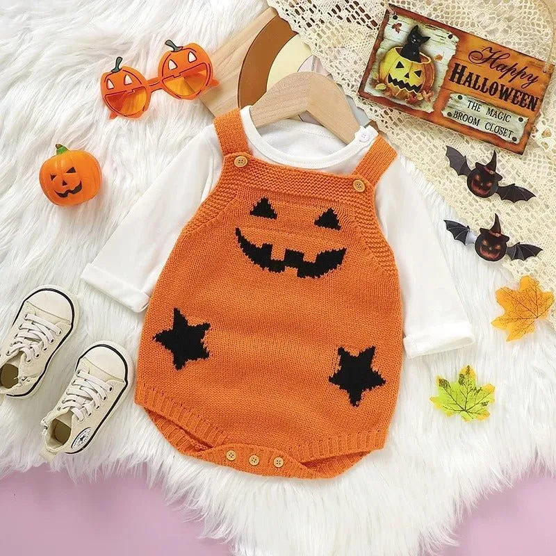 Baby Pumpkin Jumpsuit - Halloween Knit Romper