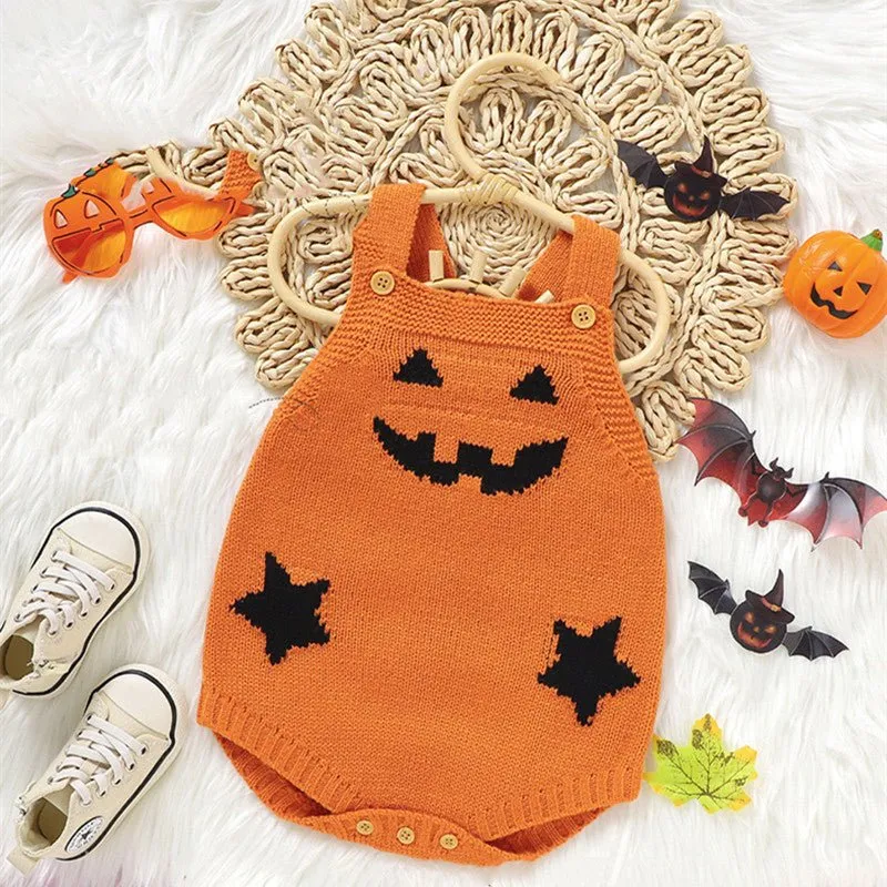 Baby Pumpkin Jumpsuit - Halloween Knit Romper