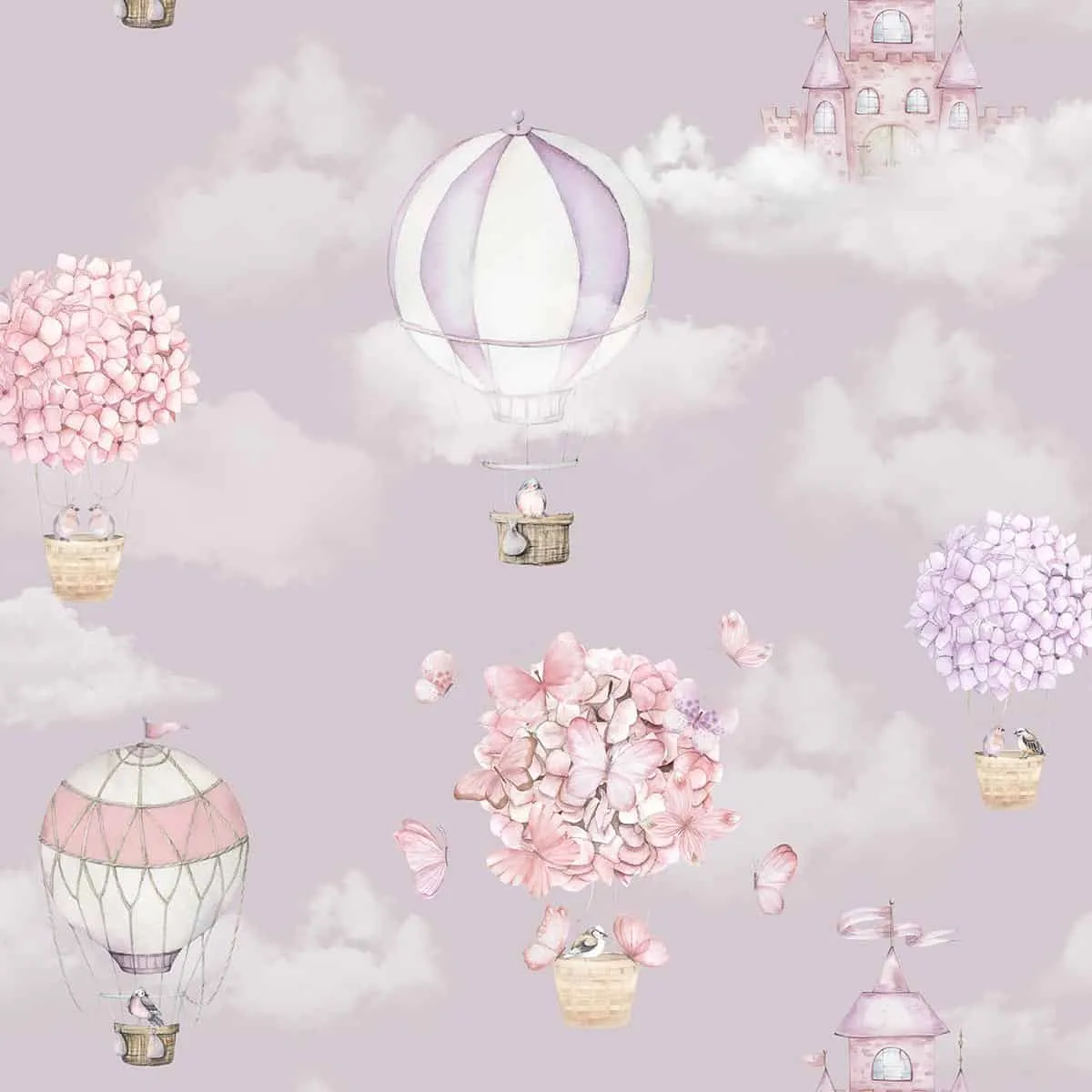 Balloons of Blooms, Adorable Hot Air Balloon Wallpaper for Girls Room, Lilac