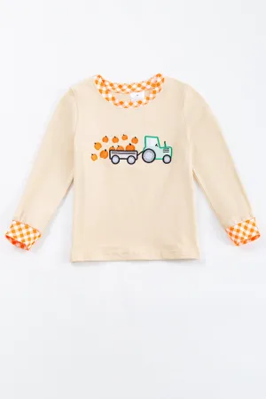 Beige pumpkin truck applique boy top