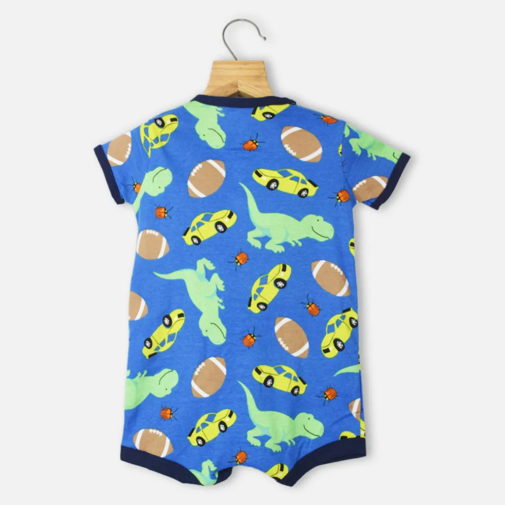 Blue Dino Theme Half Sleeves Cotton Romper