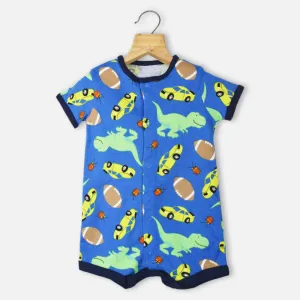 Blue Dino Theme Half Sleeves Cotton Romper