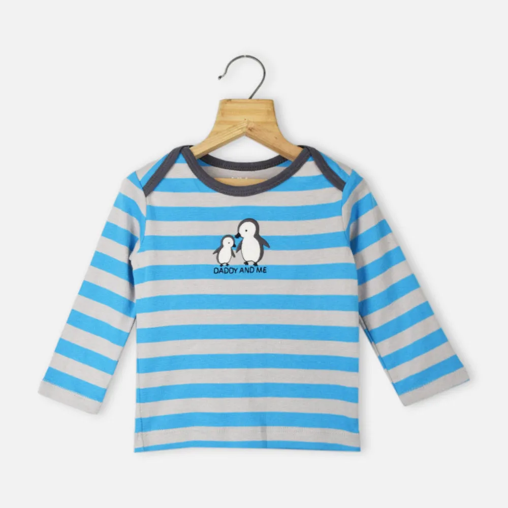 Blue Striped Full Sleeves Cotton Baby Clothing Set- 3 Pieces