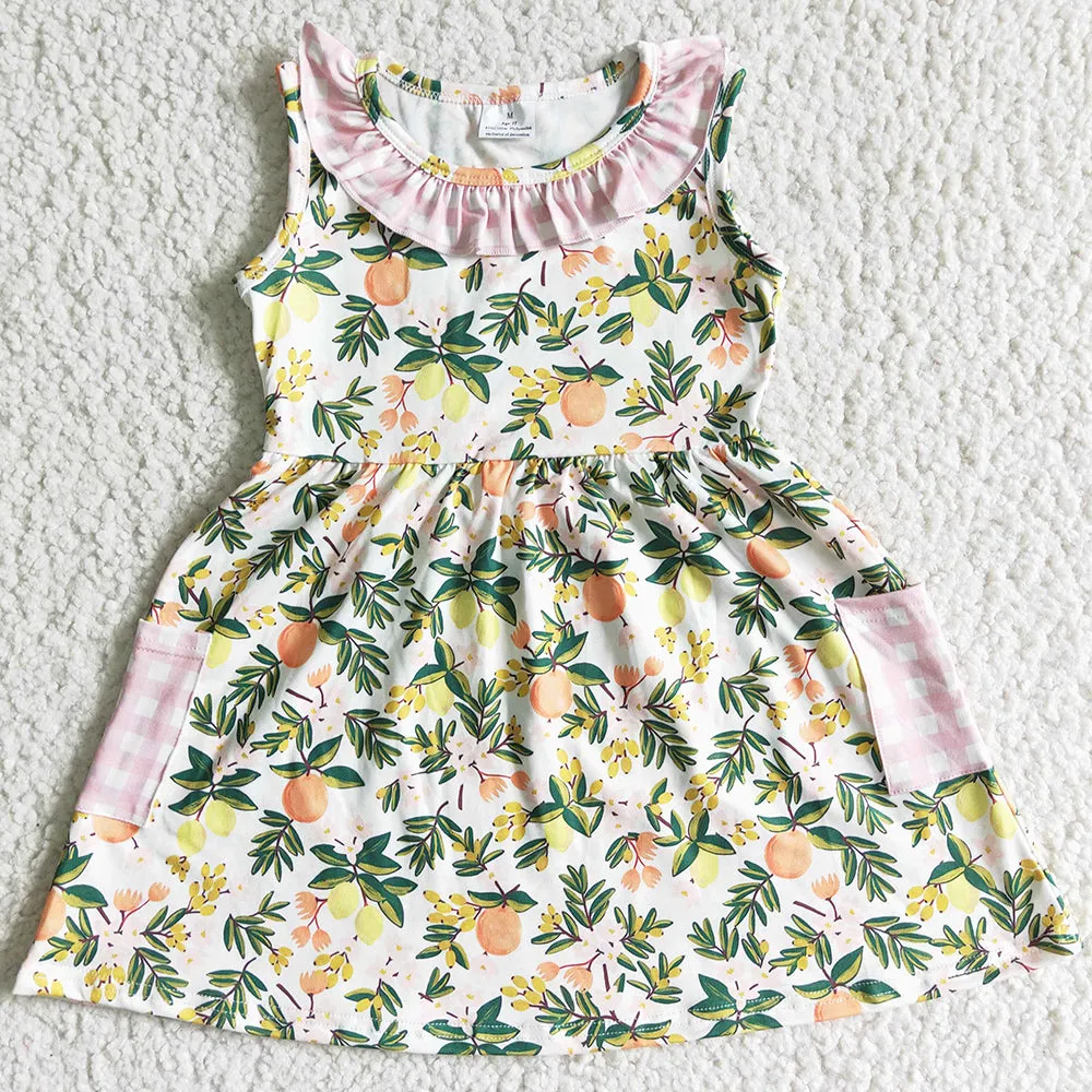 Boutique Girls Dress Cute Lemon Print Summer Baby Girls Dresses with Pocket GSD0062