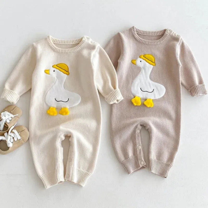 Cartoon Duck-Print Knit Romper