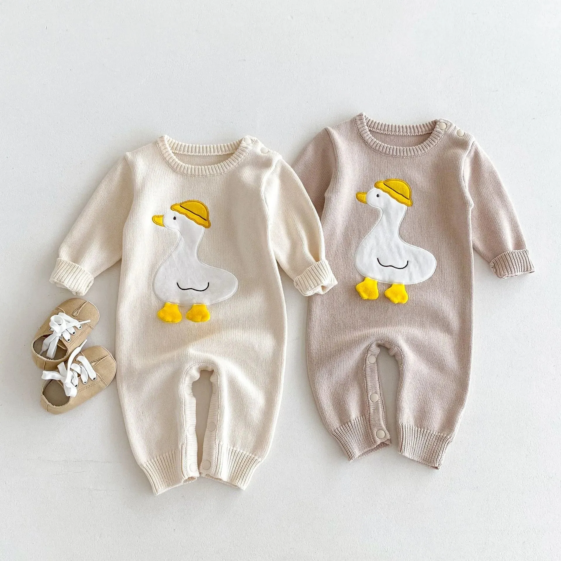 Cartoon Duck-Print Knit Romper