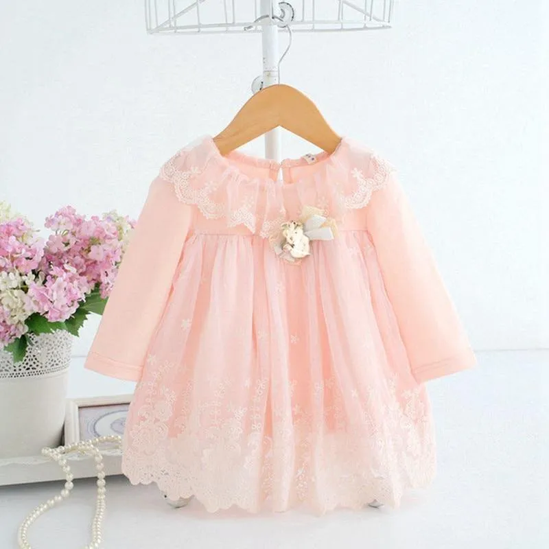 Cute baby embroidery cotton dress with toy bear