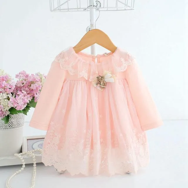 Cute baby embroidery cotton dress with toy bear