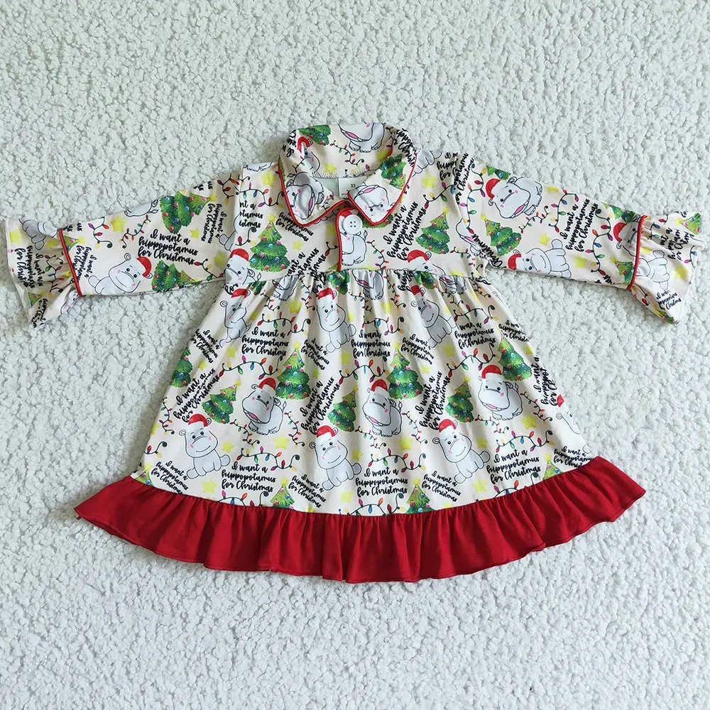 Cute Baby Girl Christmas Dress Hippo Print Cute Dresses GLD0078