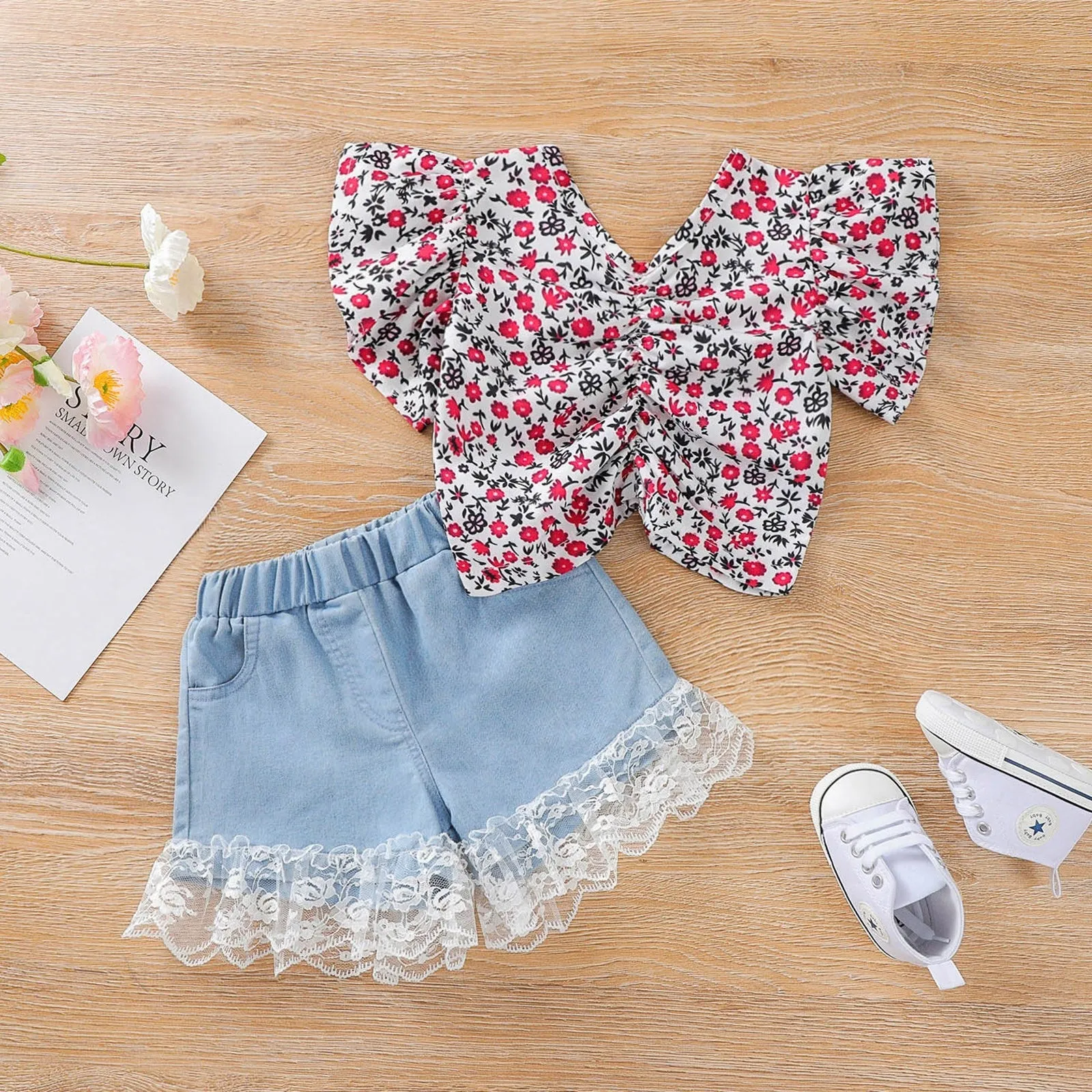 Cute Floral Shirt & Denim Shorts Set for Baby Girls