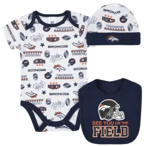 Denver Broncos 3-Piece Baby Boys Bodysuit, Bib, and Cap Set