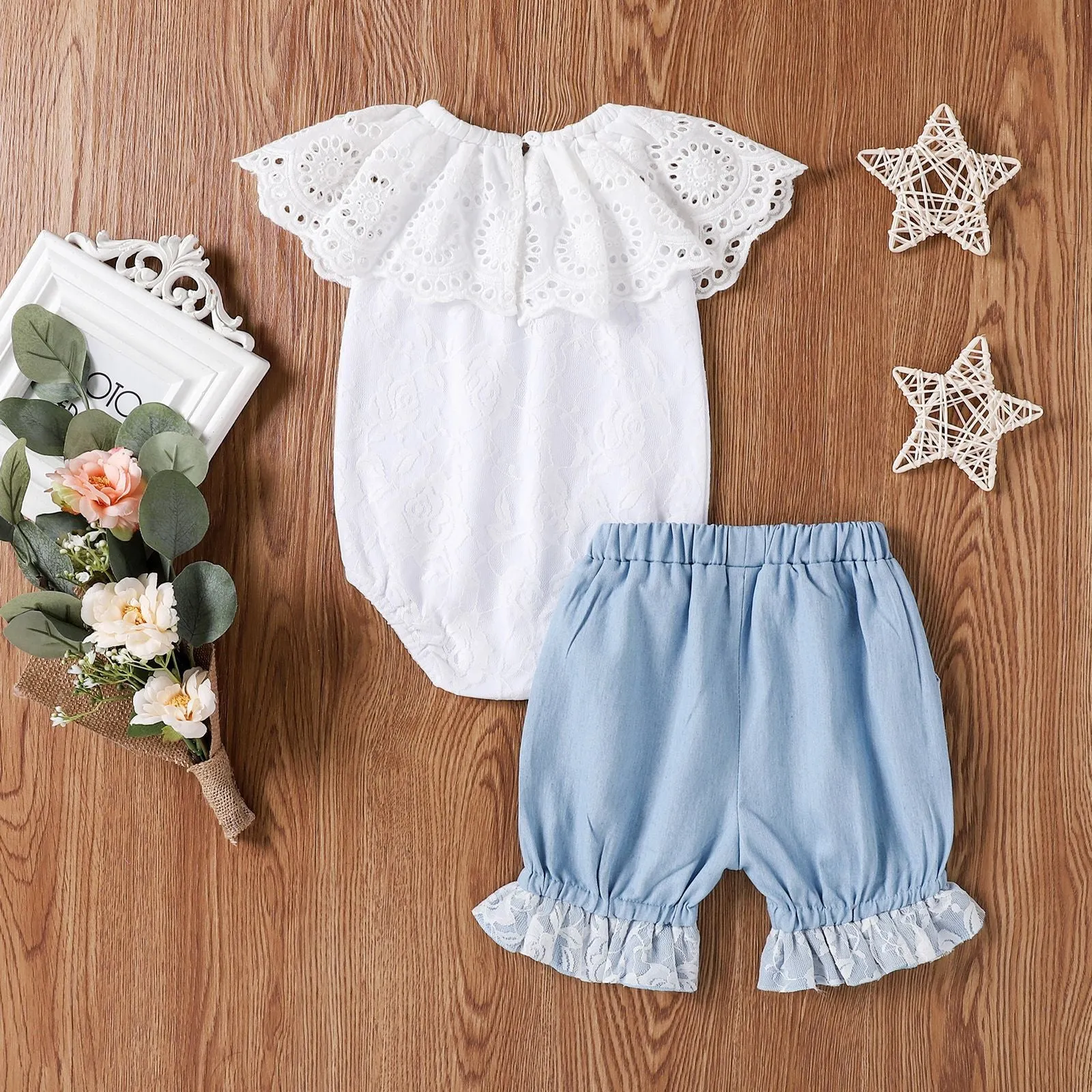 EBay Summer New Baby Girl 0-2 Years Old Lace Collar Dress Denim Shorts Two-piece Suit