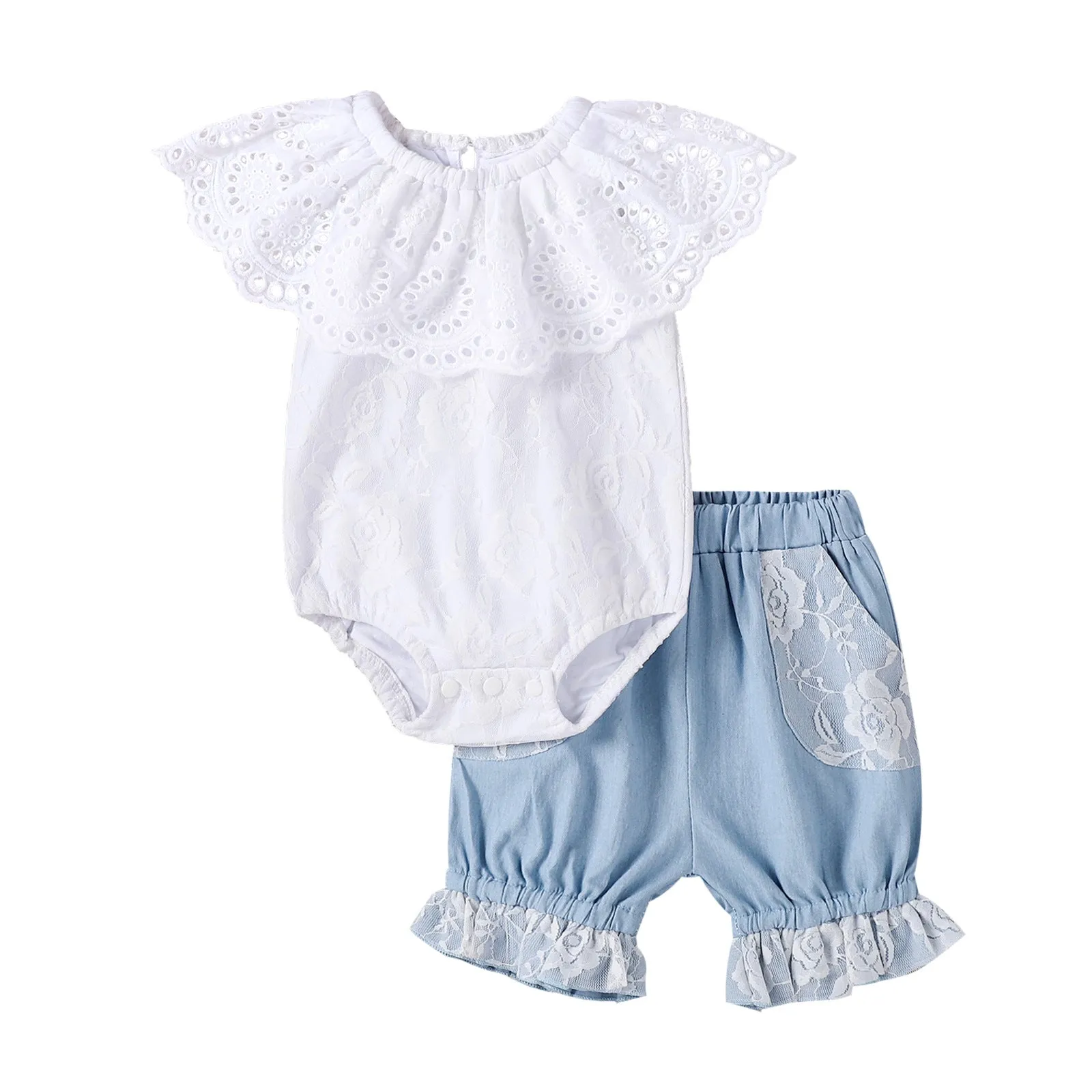 EBay Summer New Baby Girl 0-2 Years Old Lace Collar Dress Denim Shorts Two-piece Suit