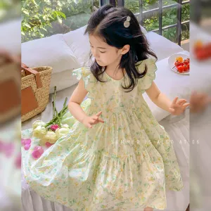 Girls Dress 2024 Summer New Children Flying Sleeve Floral Skirt Baby Thin Sweet Cute Princess Dress