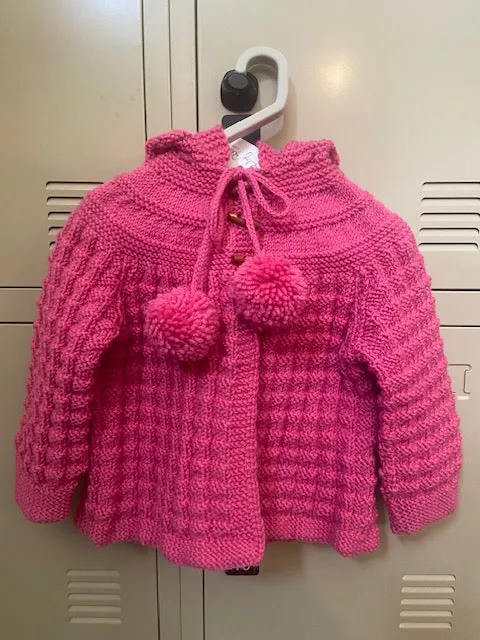 Hand Knitted Hooded Jacket with Pom Poms