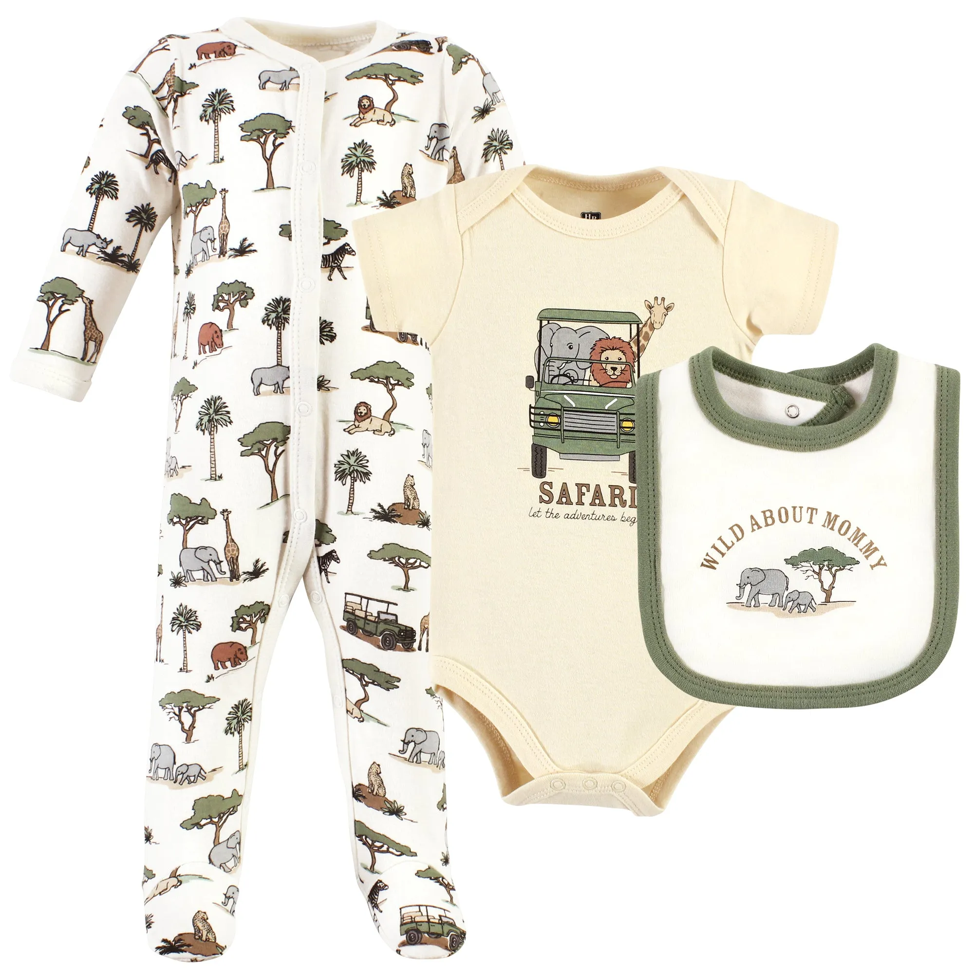 Hudson Baby Cotton Sleep and Play, Bodysuit and Bandana Bib Set, Going On Safari