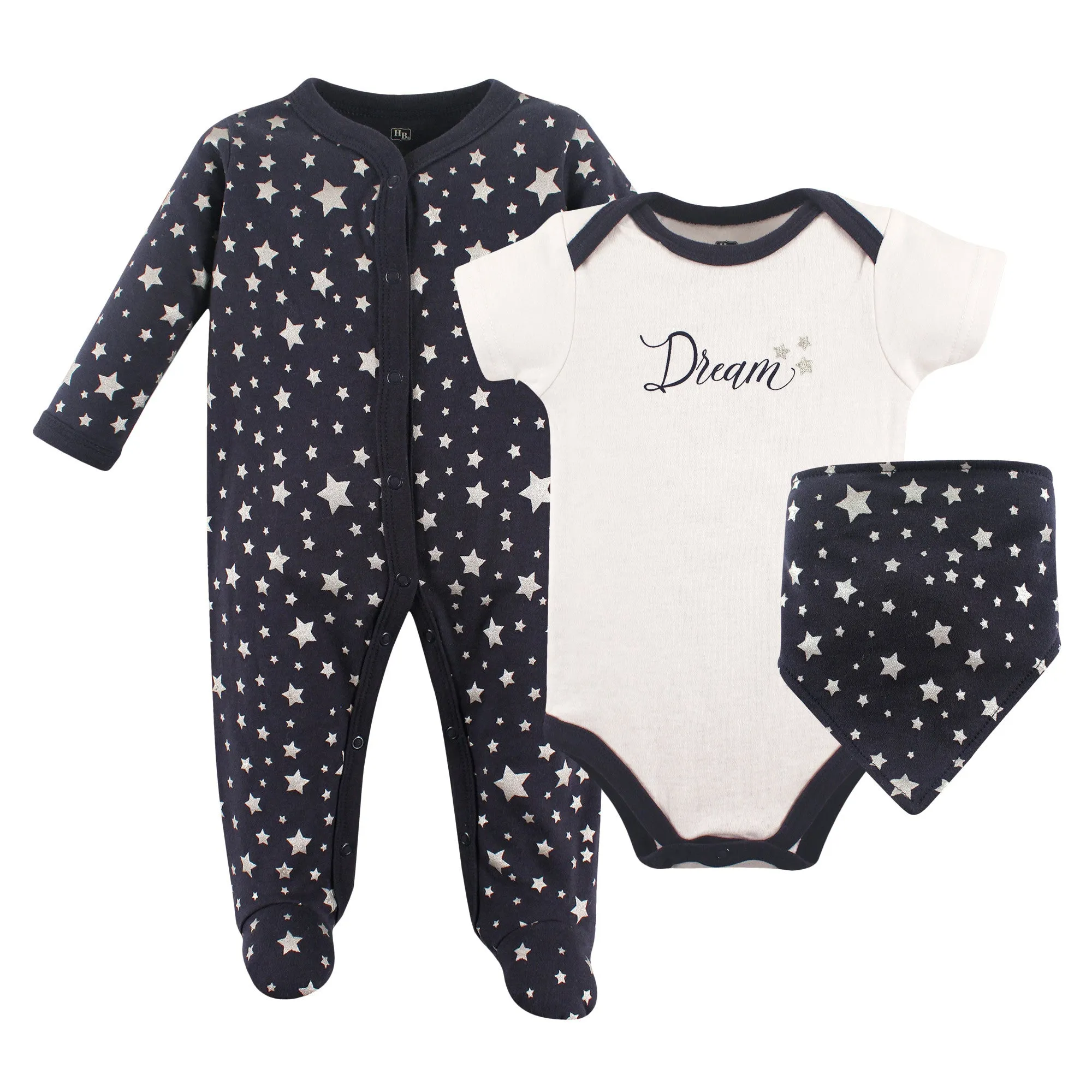 Hudson Baby Cotton Sleep and Play, Bodysuit and Bandana Bib Set, Stars