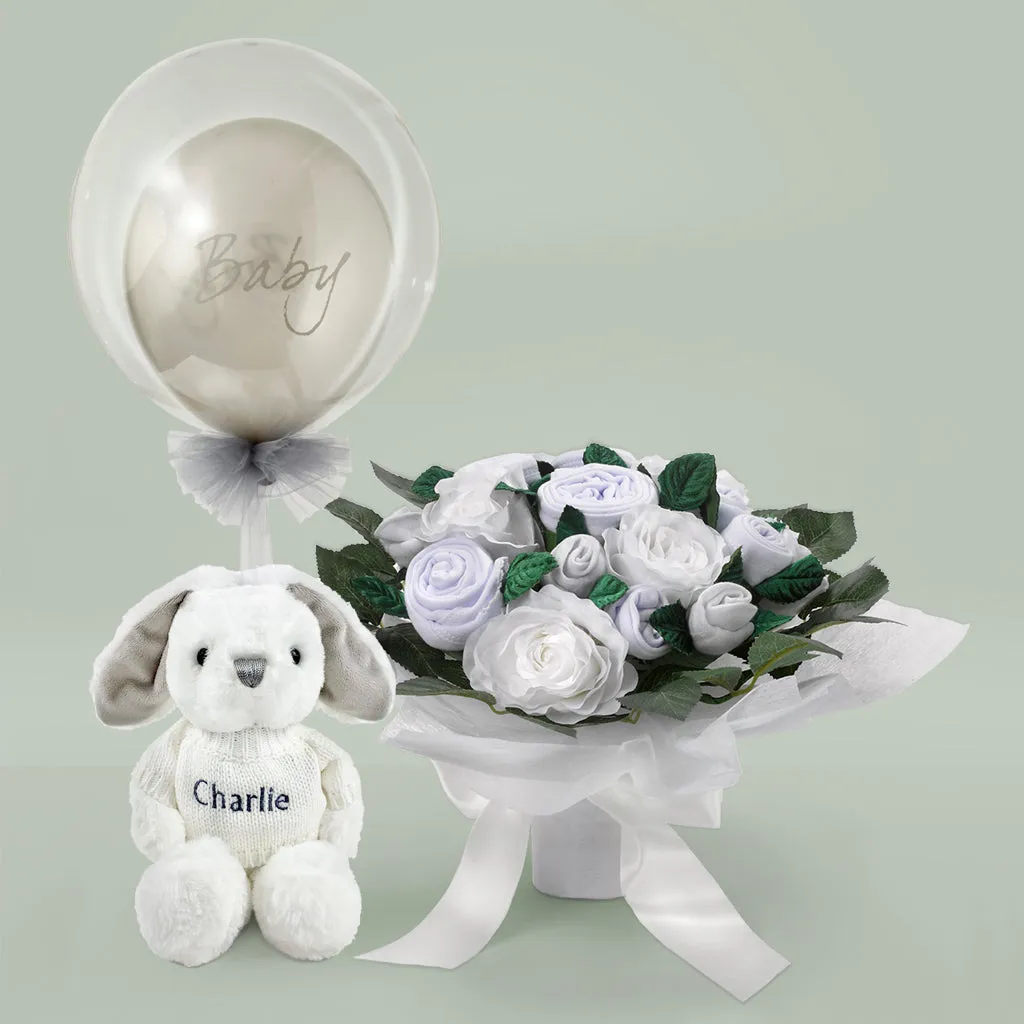 Luxury Rose Baby Clothes Bouquet, Balloon and Personalised Bunny, White