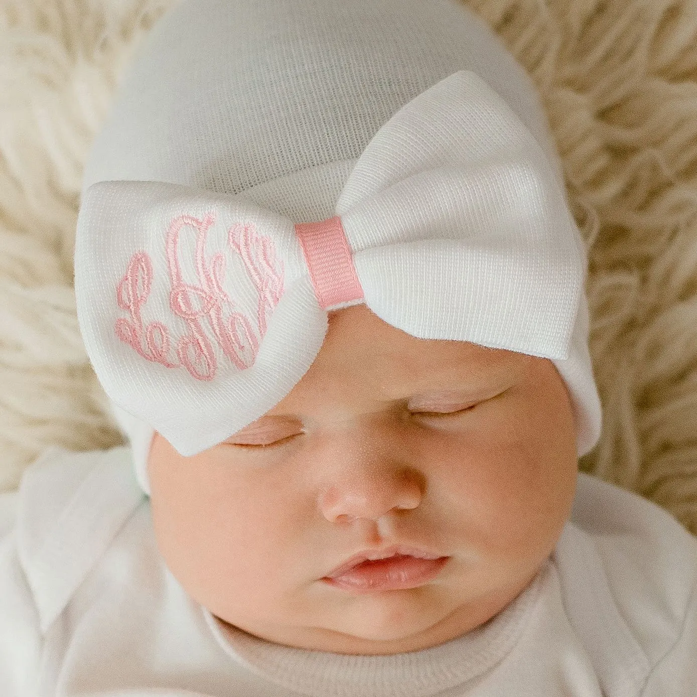 Monogrammed White Nursery Big Bow Newborn Baby Girl Hospital Beanie Hat with Pink Ribbon