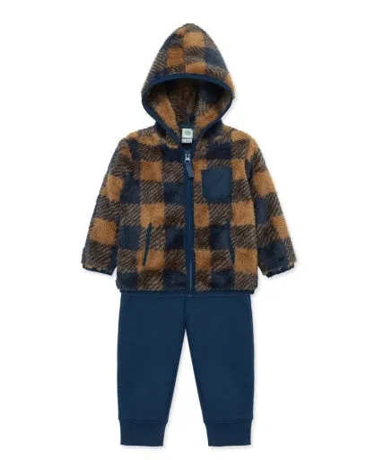 Navy/Brown Plaid 3pc Sherpa Jacket Set-Infant