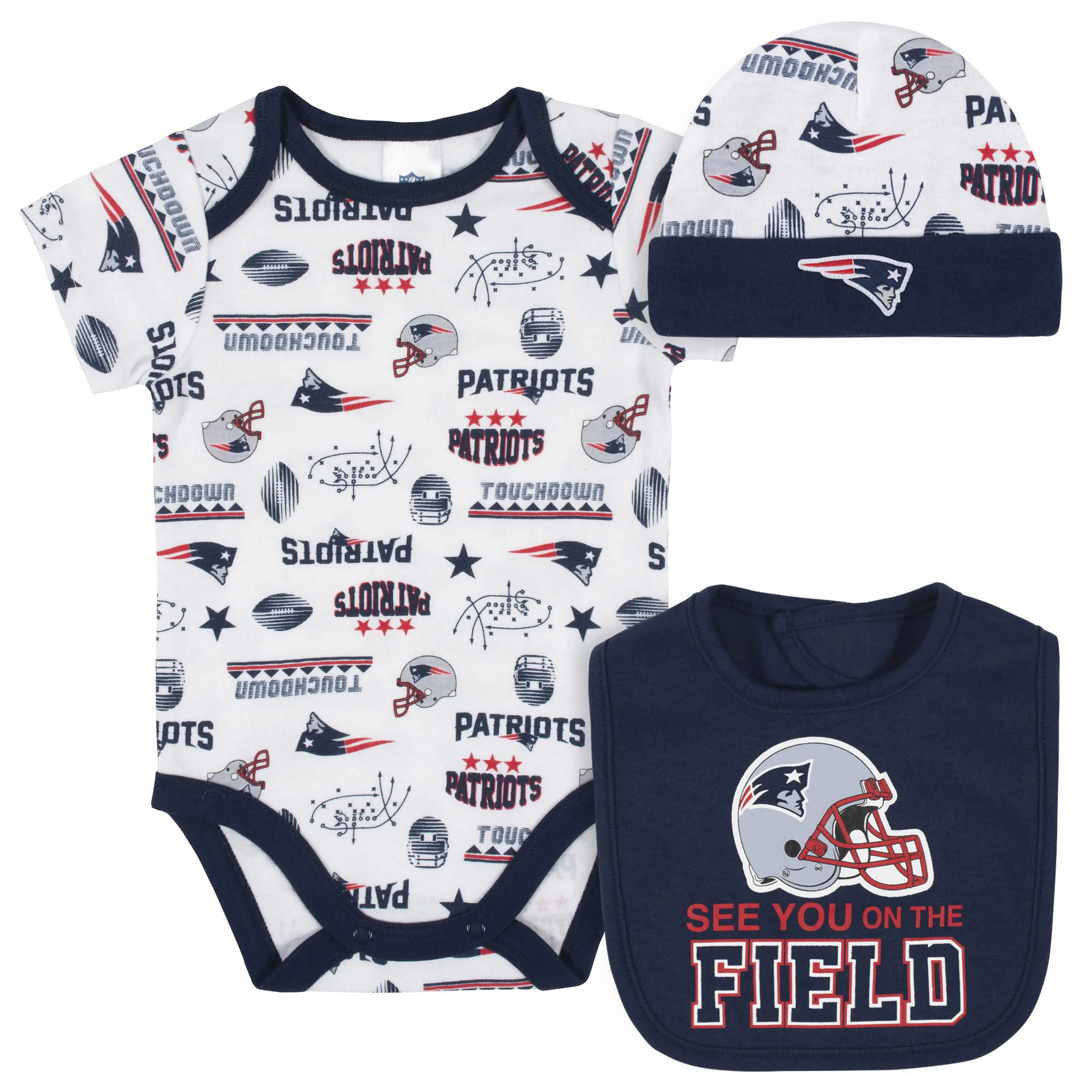 New England Patriots 3-Piece Baby Boys Bodysuit, Bib, and Cap Set