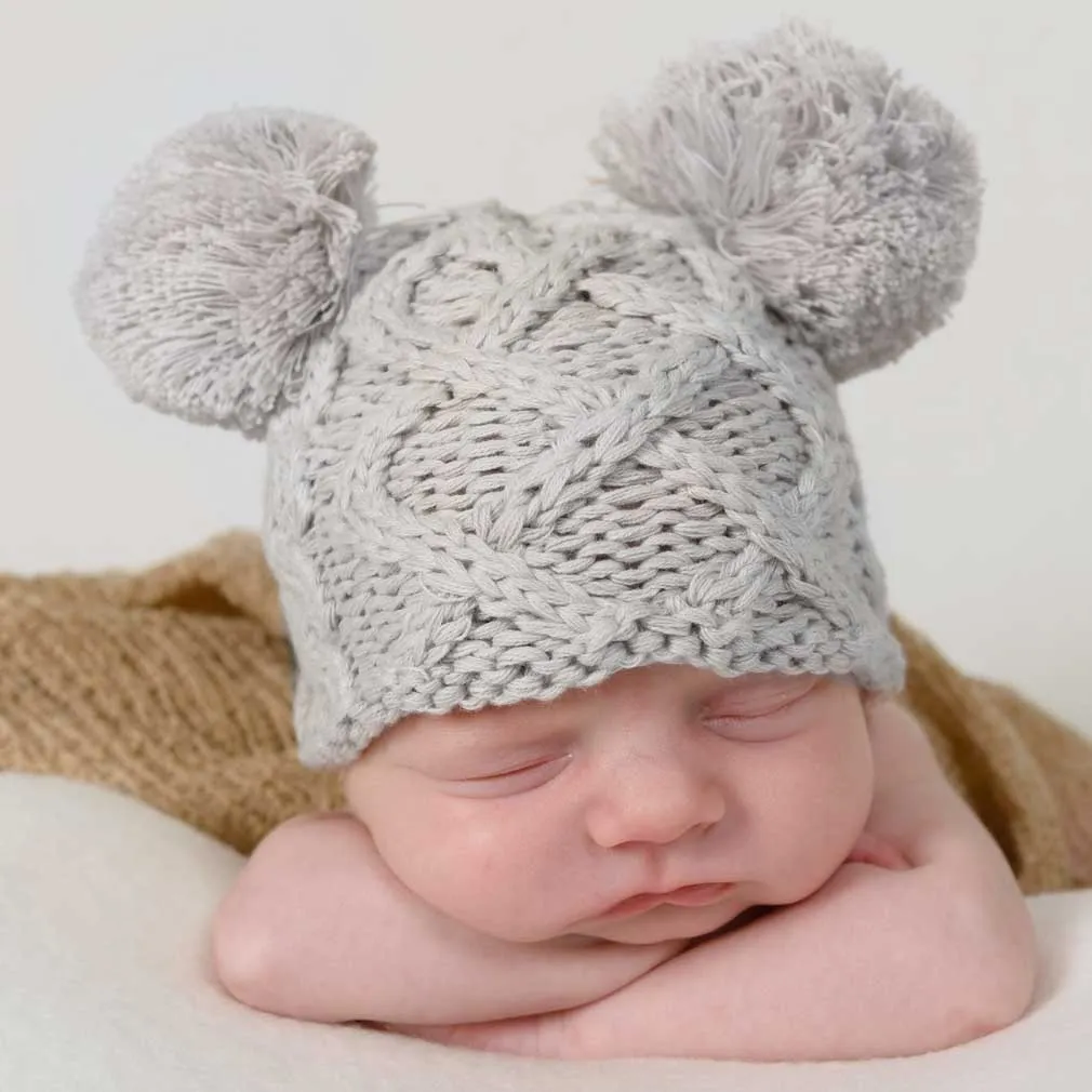 Newborn Aran Birch Double Pom Pom Beanie Hat Infant