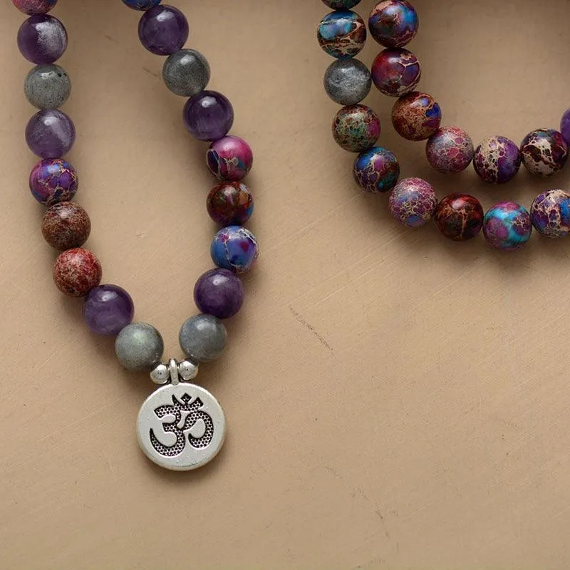 'OM Charm' Jasper, Amethyst, Labradorite Stretchy Bracelet