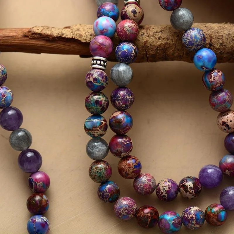 'OM Charm' Jasper, Amethyst, Labradorite Stretchy Bracelet