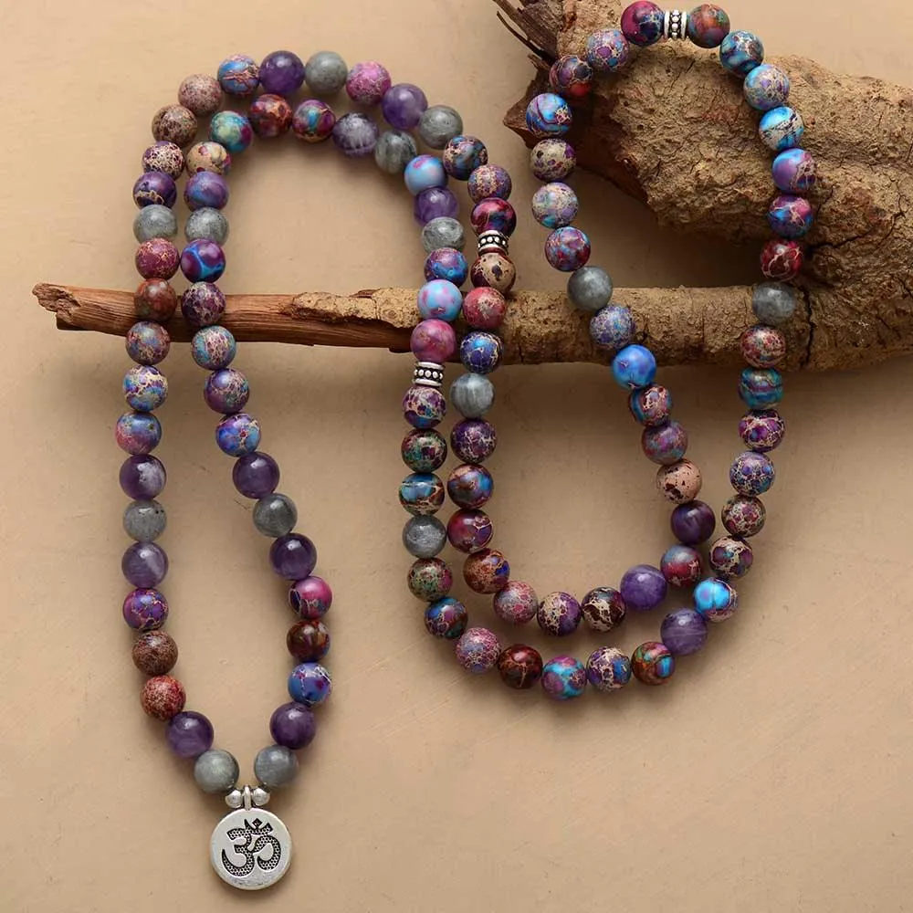 'OM Charm' Jasper, Amethyst, Labradorite Stretchy Bracelet