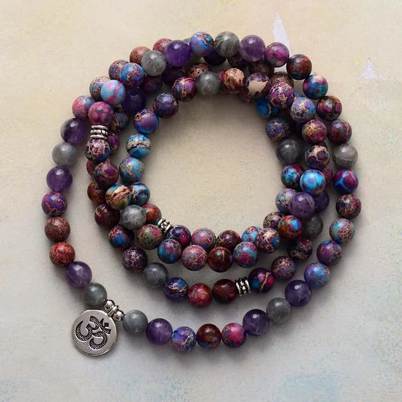 'OM Charm' Jasper, Amethyst, Labradorite Stretchy Bracelet