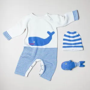 Organic Baby Gift Set - Handmade Newborn Long Romper, Hat & Rattle Toy | Whale