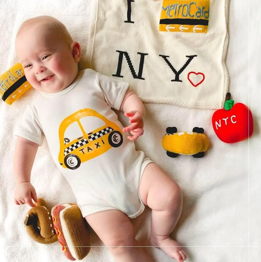 Organic Baby Gift Set - New York Metro-card Blanket, Hat & Apple Rattle