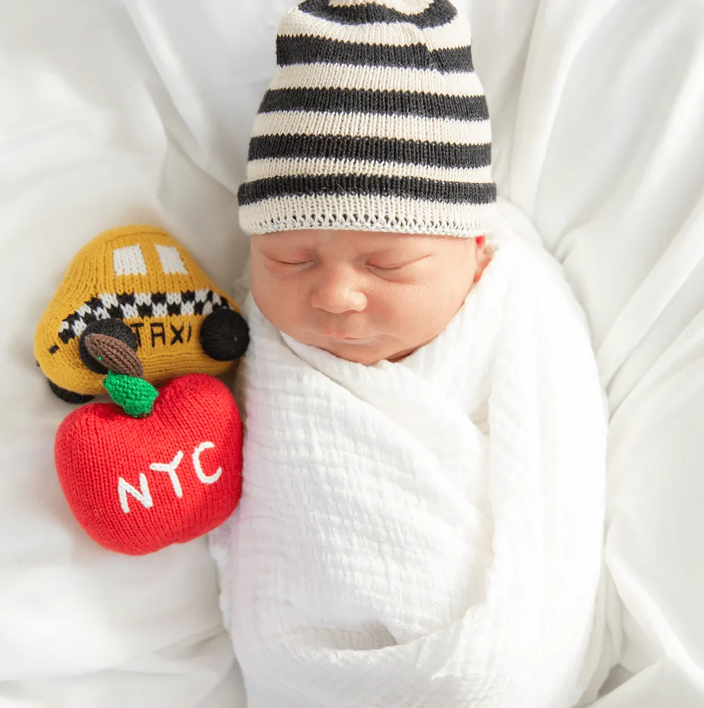 Organic Baby Gift Set - New York Metro-card Blanket, Hat & Apple Rattle