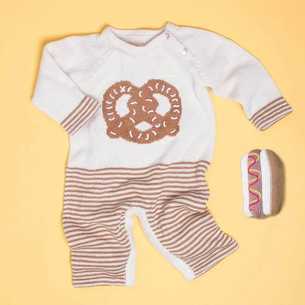 Organic Baby Gift Sets, Handmade Romper with Pretzel Graphic & Hot Dog Rattle Toy