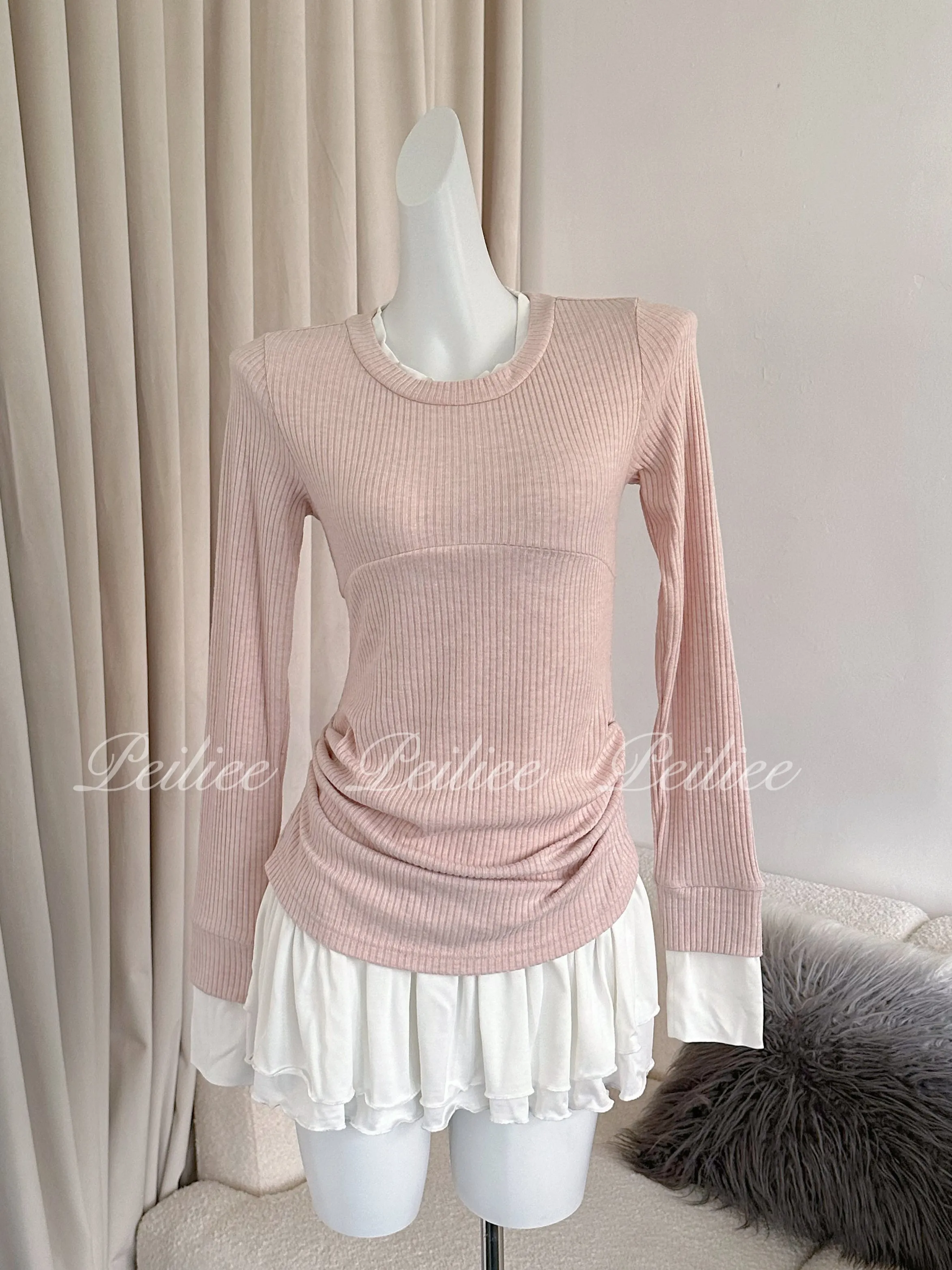 [Peiliee Co-Design] In My Soft Pink Era Knitting 2 in 1 shirt mini dress