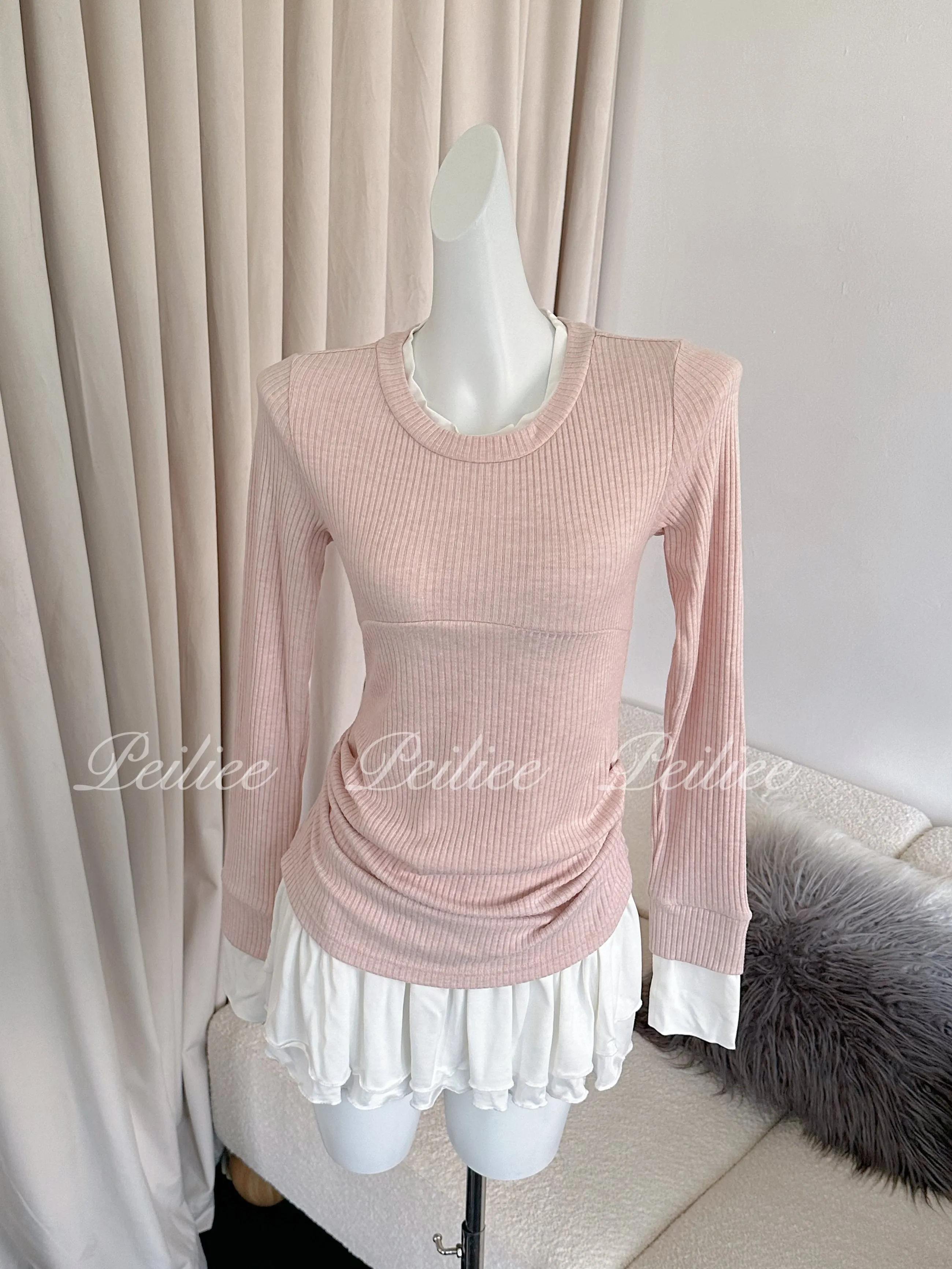 [Peiliee Co-Design] In My Soft Pink Era Knitting 2 in 1 shirt mini dress