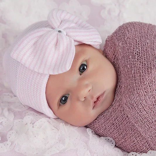 Personalized Pink and White Striped Newborn Baby Girl Nursery Beanie Hat With Big Bow and Gem Infant Beanie Hat