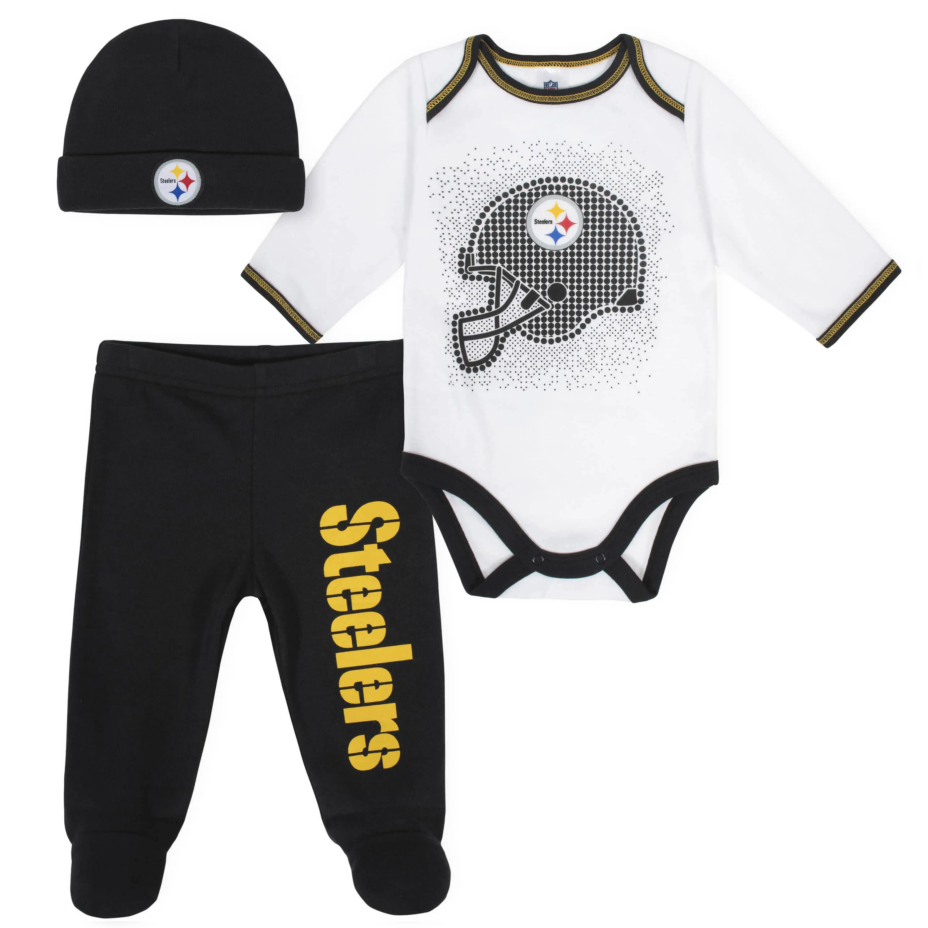 Pittsburgh Steelers 3-Piece Baby Boys Bodysuit, Footed Pant, and Cap Set