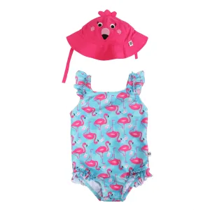 Ruffled Swimsuit   Sunhat 2pc Set - Flamingo